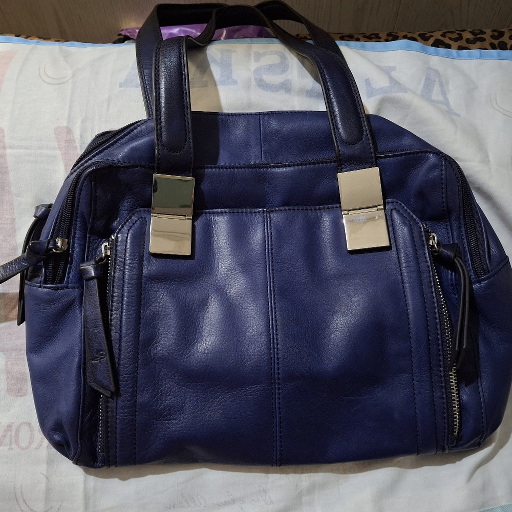 B. Makowsky Leather Blue Tote Bag 2 Zippers; Double Compartments. Incl. Dust Bag
